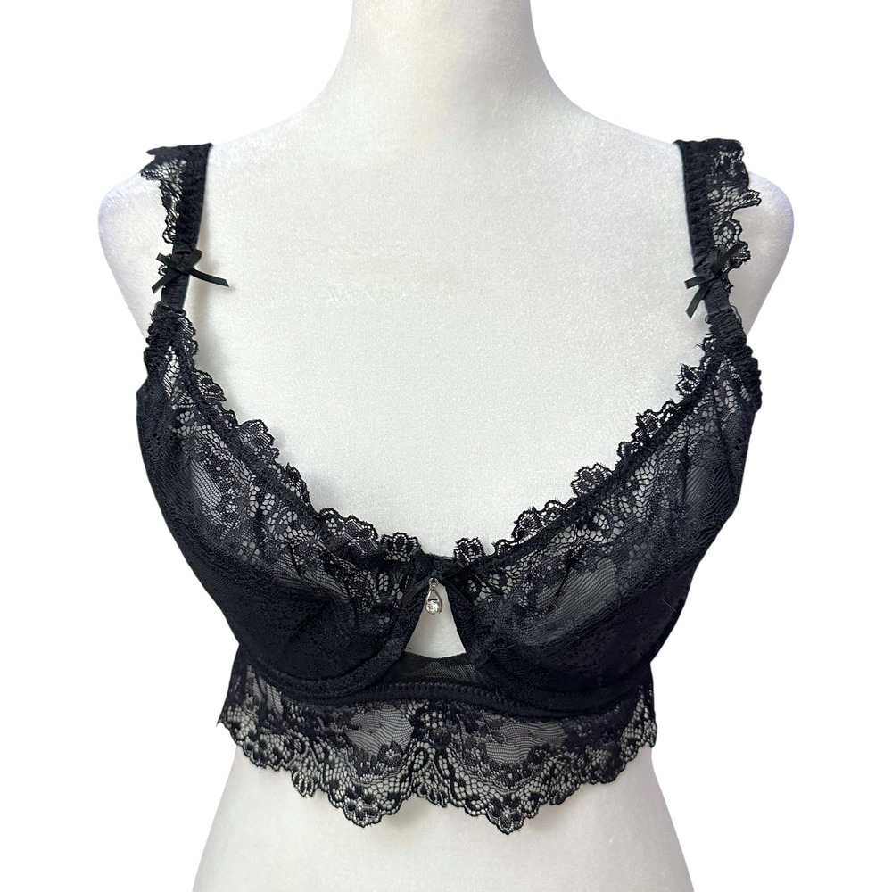 Black Lace Longline Underwire Bra Rhinestone Charm Bows Goth Coquette